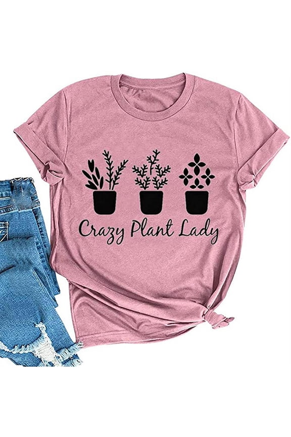 Women Crazy Plant Lady Graphic T-Shirt (US L, 2-Rosy)