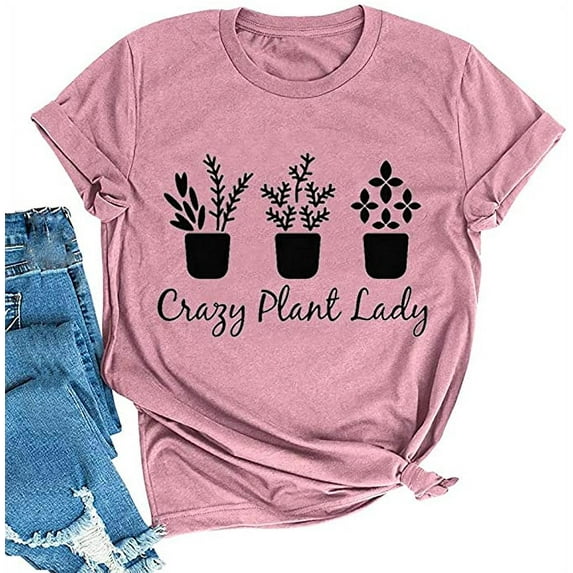 YourTops Women Crazy Plant Lady Graphic T-Shirt (US L, 2-Rosy)