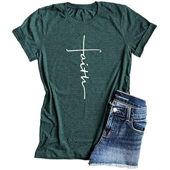 YourTops Women Cross Faith Blessed Jesus T-Shirt Christian Shirt (US L, Faith Green)