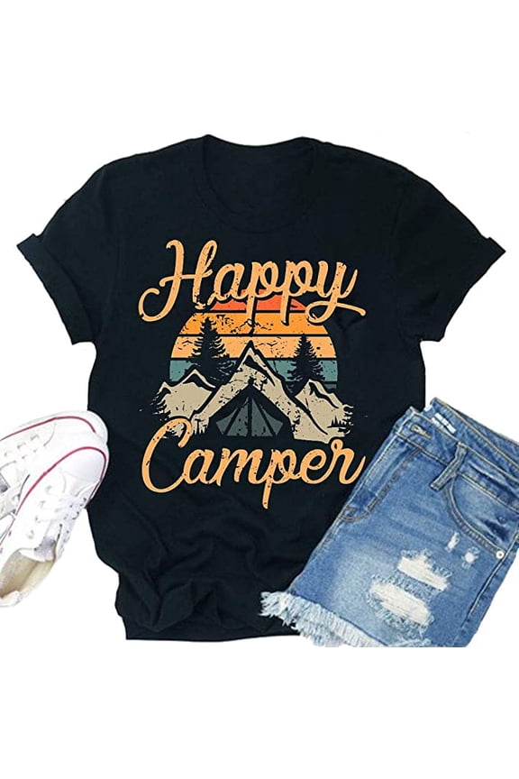 Women Happy Camper T-Shirt (S, Black)
