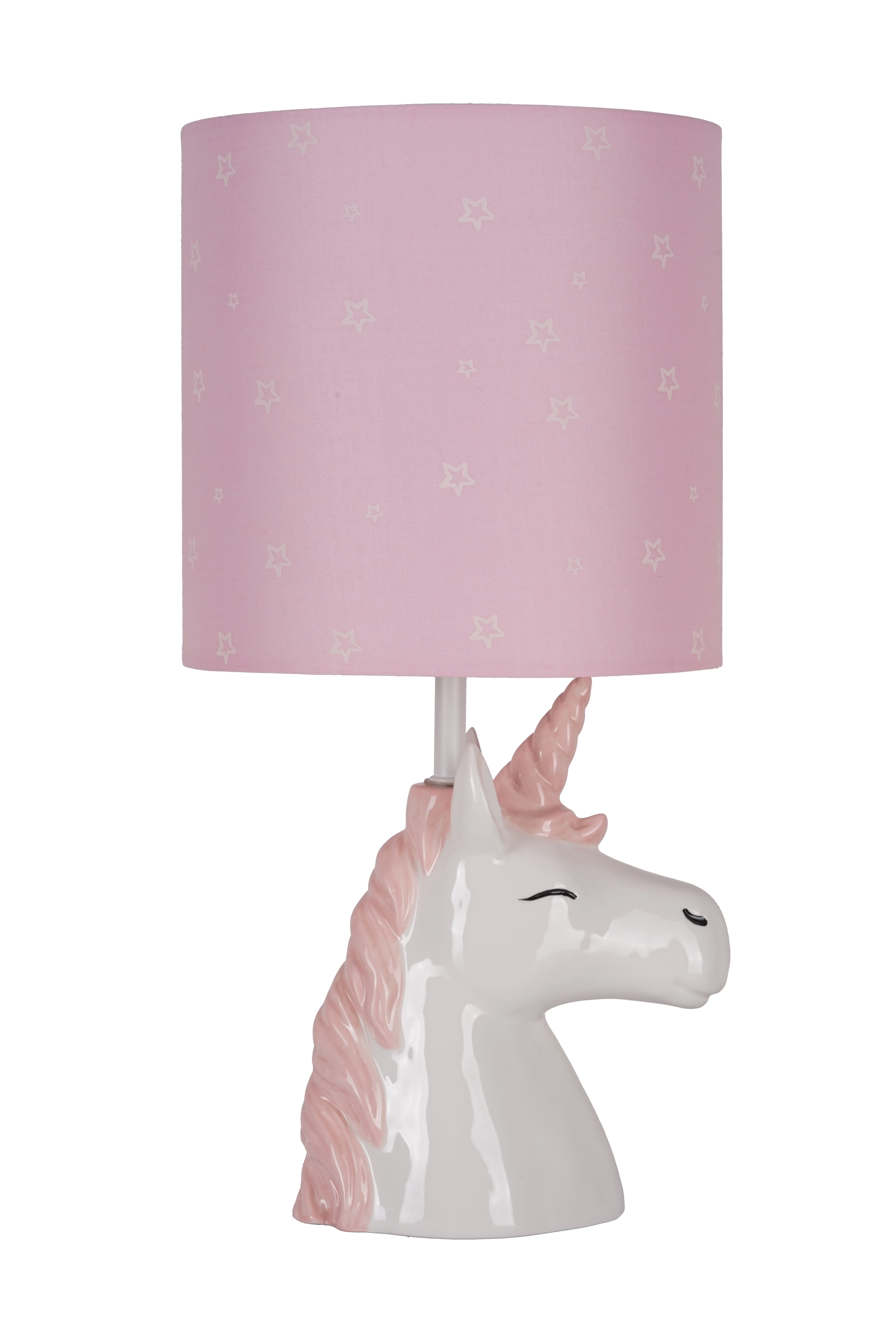 YourZone 16"H Ceramic Unicorn Accent Lamp, Pink and White Glossy Finish with Glow-in-the-Dark Star Print Shade