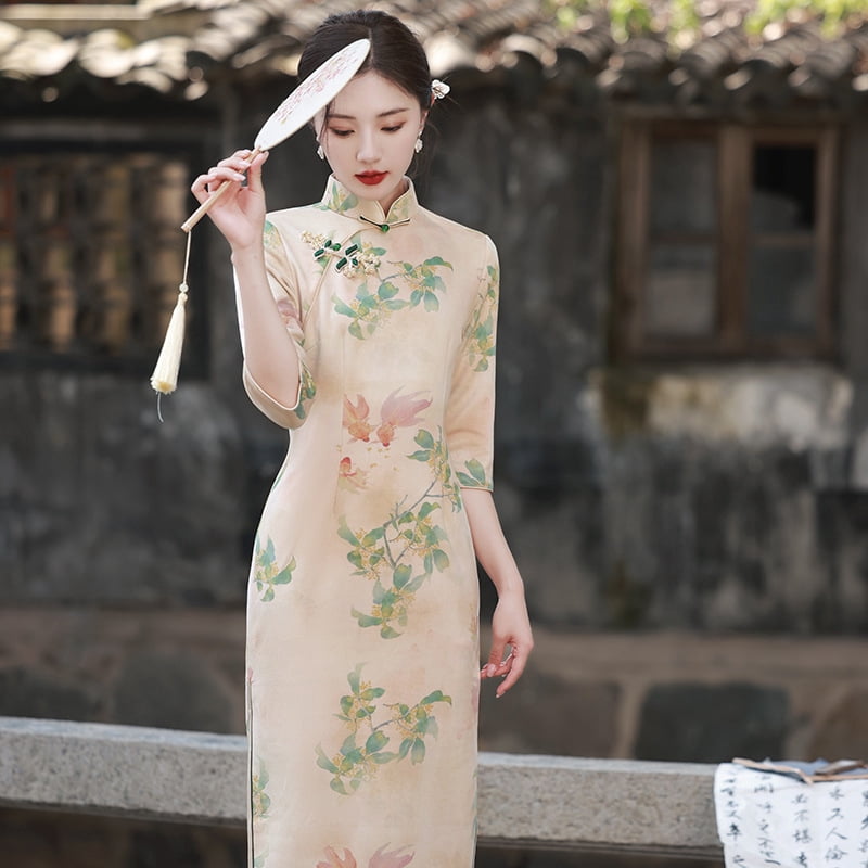 Improved Elegant Mother Show Catwalk Long Cheongsam Female Chinese Style Short-sleeved Sexy Retro Self-cultivation