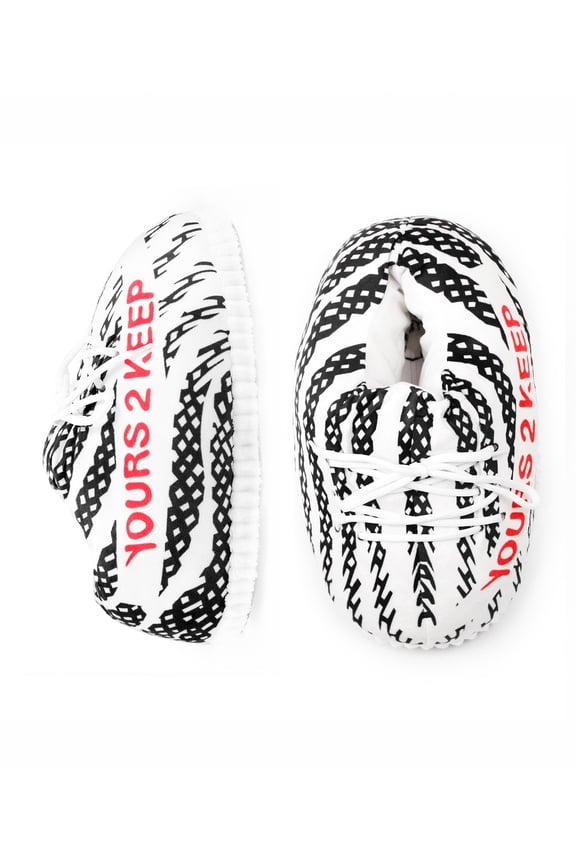 Puffy Funny Sneaker Slippers, Black/White Zebra, Plush Indoor House Shoes, Unisex
