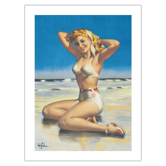 Yours For the Basking - Blonde Swimsuit Beauty on Beach - Vintage Pin Up Girl Print by Art Frahm c.1940s - Bamboo Fine Art 290gsm Paper Print (Unframed) 24x32in