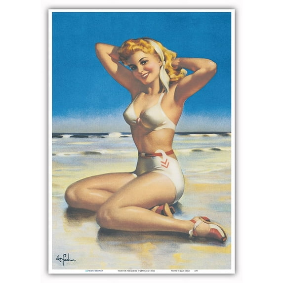 Yours For the Basking - Blonde Swimsuit Beauty on Beach - Vintage Pin Up Girl Print by Art Frahm c.1940s - Master Art Print 10in x 14in