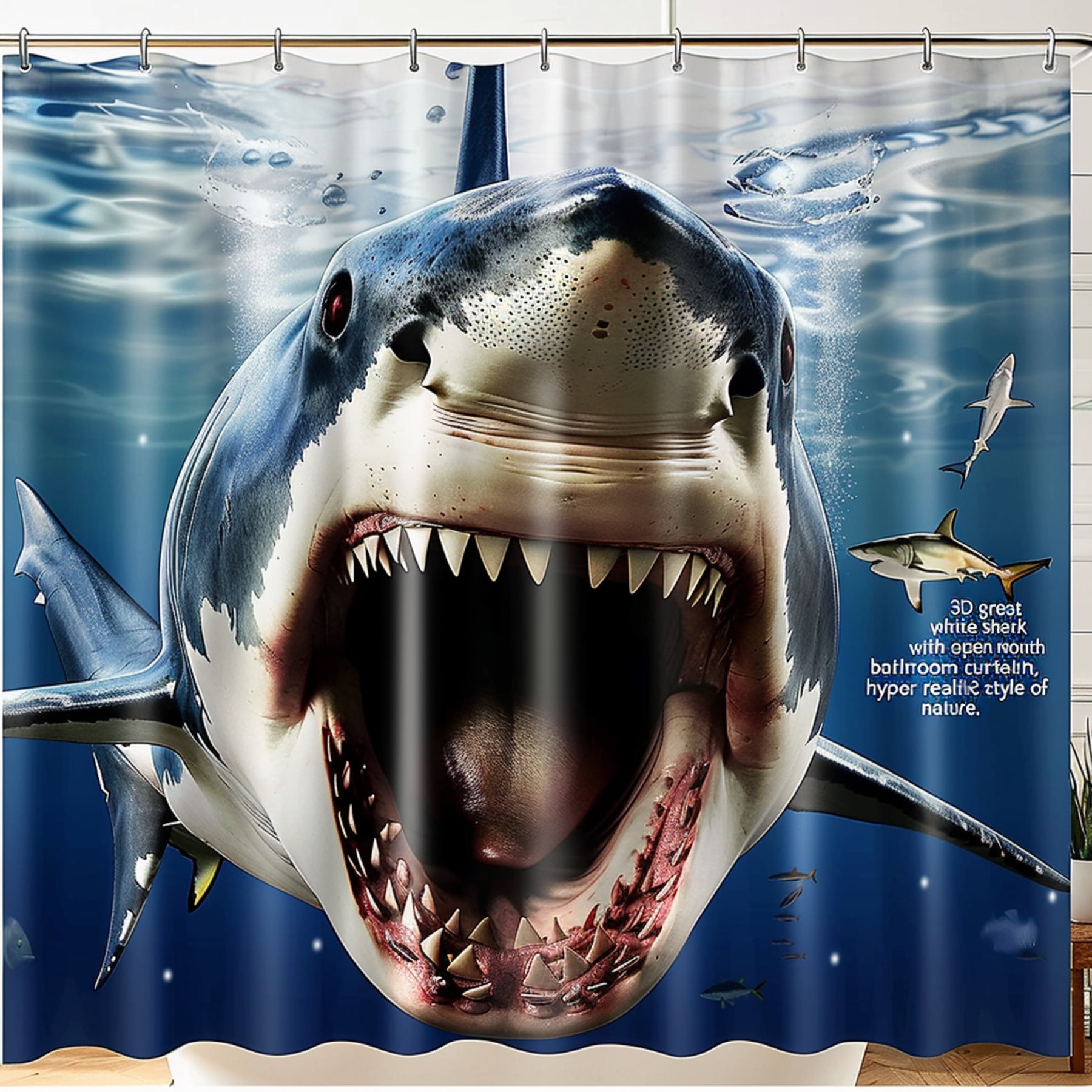 Yourself in the Depths: Great White Shark Bathroom Curtain Hyper ...