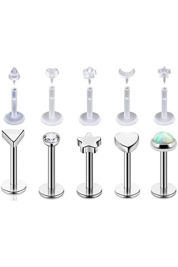10Pcs Stainless Steel Acrylic Lip Rings Tiny Cartilage Flat Back Stud Earrings Women's Nose Lip Body Piercing Studs 8mm