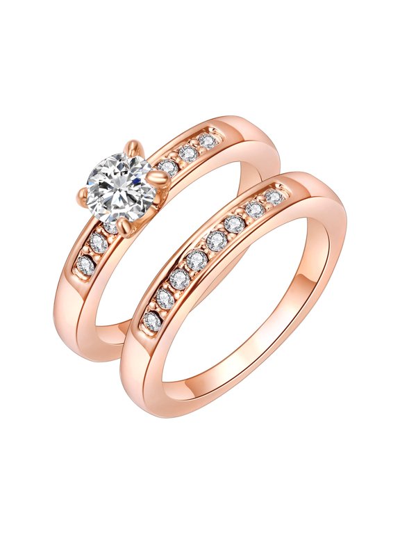 18K Rose Gold Plated CZ Wedding Rings Sets for Women Stackable CZ Non Tarnish Eternity Promise Engagement Rings (Size 9)