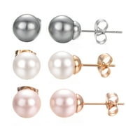 YOURSFS 3 Pairs Pearl Stud Earrings for Women Gold Plated Fake Pearl Earrings for Pierced Ear, 8mm Pearl Earrings Sets (Pink Pearl White Pearl Black Pearl)