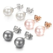 Yoursfs 3 Pairs Pearl Stud Earrings for Women 18K Gold Plated Fake Pearl Earrings for Pierced Ear, 8mm Pearl Earrings Sets (Pink Pearl White Pearl Black Pearl)