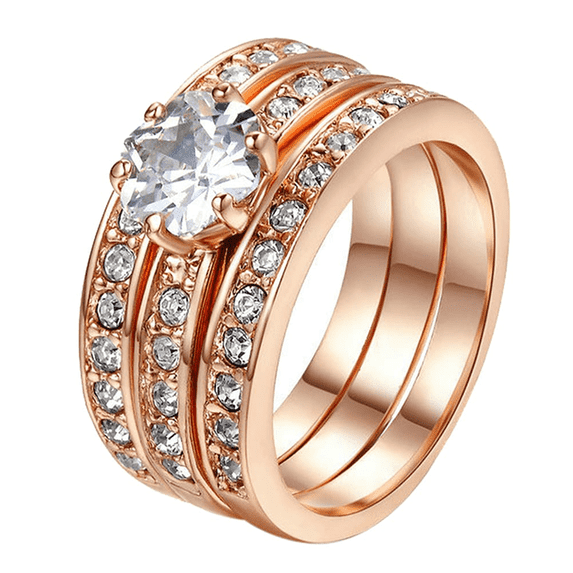 Yoursfs 3Pcs Rose Gold Plated Stackable Rings Sets for Women Rhinestone CZ Wedding Engagement Rings Set Stack Jewelry (Size 6)
