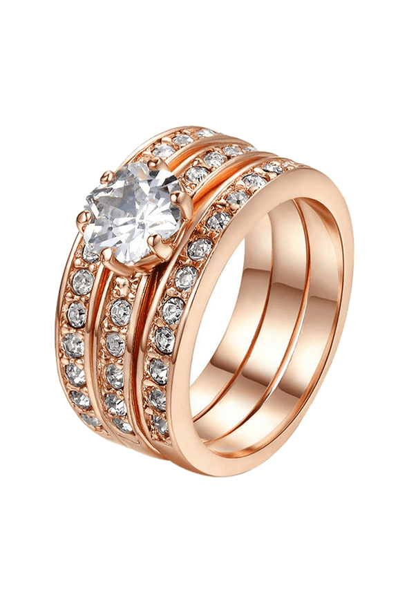 3PCS Rose Gold Plated Stackable Rings with Rhinestone Cubic Zirconia for Women Sparkly CZ Wedding Ring Set Stack (Size 6)