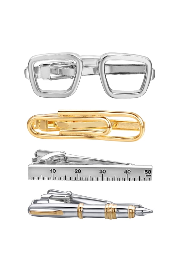 4-Piece Silver Tie Clip Set for Men, Glasses Tie Clips Paper Clips Tie Pins Ruler Tie Tacks Pen Tie Bars Wedding Business Father's Day Birthday Jewelry Gifts