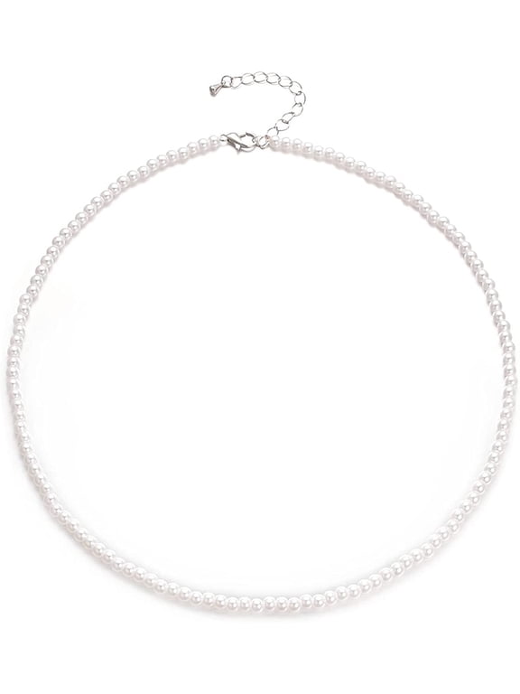 6mm Pearl Necklace for Women, Round Small Faux White Pearl Strand Jewelry, Wedding Gift, 17.7” + 2” Extender