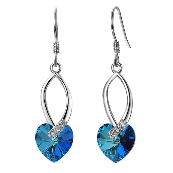 Yoursfs 925 Sterling Silver Blue Austria Crystal Love Heart Earrings for Women Fish hook Dangle Earrings for Women