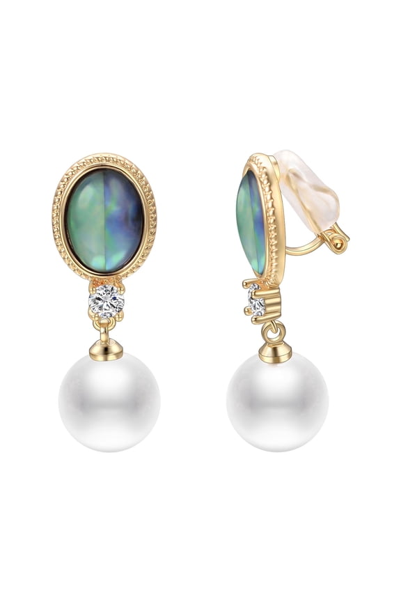 Abalone Shell Pearl Dangle Earrings for Women Gold Plated Colorful CZ Clip Earrings Non Pierced Freshwater Pearl Earring Dainty Jewelry