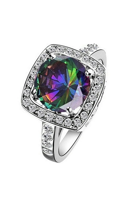 Big CZ Birthstone Halo Ring For Women Multicolor Crystal Square Large Statement Rings Platinum Plated Costume Jewelry (Size 8)