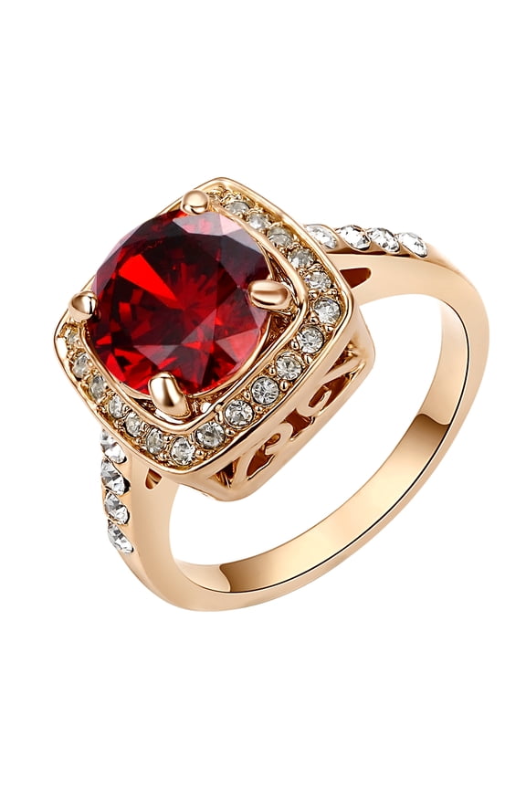 Big CZ Birthstone Halo Rings for Women Square Red Ruby Princess Cut Rose Gold Plated Artificial Rings for Anniversary Engagement Gift (Size 9)