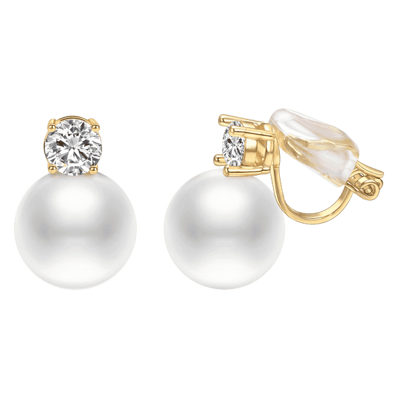 Yoursfs Big Pearl Clip on Earrings with Cubic Zirconia Gold Plated White Faux Pearl Earrings for Women Bride Wedding Jewelry