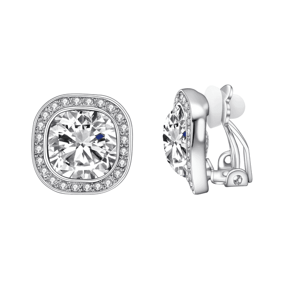 Yoursfs Big Rhinestone Clip on Earrings for Women Wedding Square Princess Cut Cubic Zirconia Earrings Clips White Gold Plated Non Pierced Ears Jewelry