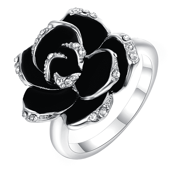 Yoursfs Dainty Crystal Camellia Ring For Women White Gold Plated Black Rose Flower CZ Statement Rings Costume Jewelry Valentines Gifts (Size 6)
