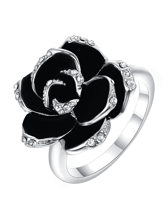 Dainty Black Rose Flower Rings for Women Cocktail Anniversary Silver Plated Band Crystal CZ Statement Rings (Size 8)