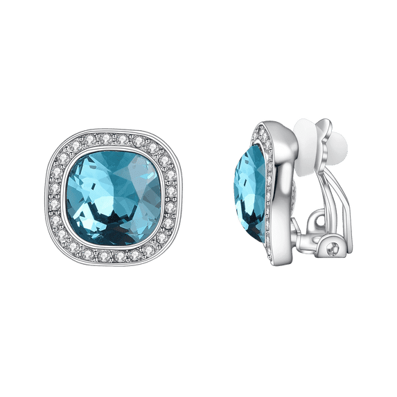 Yoursfs Blue Birthstone Clip on Earrings for Women Princess Cut Big Rhinestone CZ Halo Earrings Platinum Plated Clips Wedding Prom Jewelry Gift