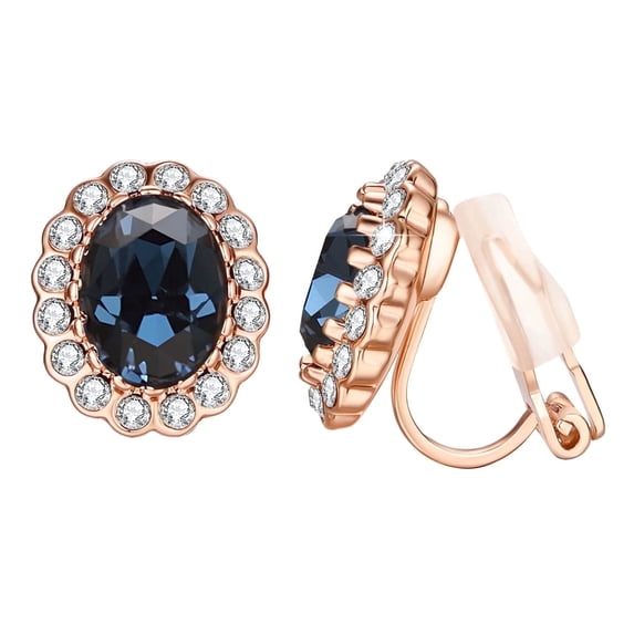 Yoursfs Blue Sapphire Gold Plated Clip on Earrings for Women Princess Oval CZ Halo Non Pierced Earrings Clip Ons Wedding Party Jewelry