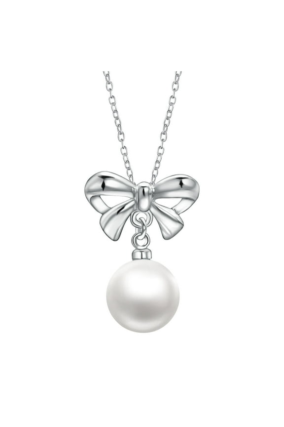 Bow Pearl Necklace Silver Women Stainless Steel Pearl Pendant Necklaces Jewellery Bridal Gift
