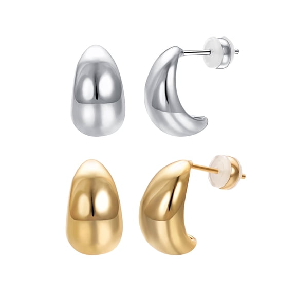Yoursfs Chunky Gold Hoop Earrings for Women Hypoallergenic 2 Pair Chunky Silver Gold Hollow Teardrop Earring Studs Set Gold Plated