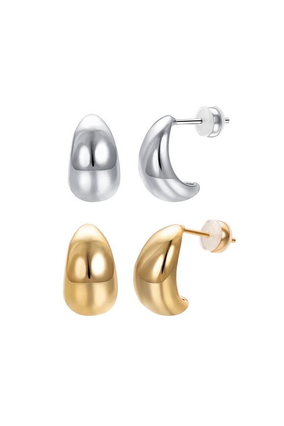 Chunky Gold Hoop Earrings for Women Hypoallergenic 2 Pair Chunky Silver Gold Hollow Teardrop Earring Studs Set Gold Plated