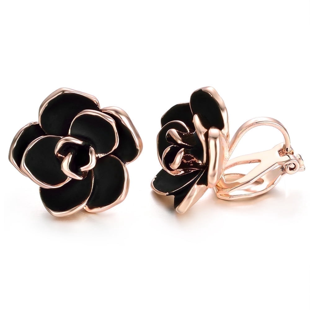 Yoursfs Black Rose Flower Stud Earrings for Women, 18K Gold Plated Clip — free download