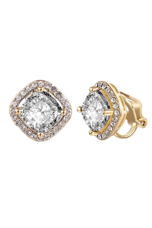 Crystal Clip on Earrings for Women Non Painful Fashion Gold Plated Square Rhinestone Clipon Earrings