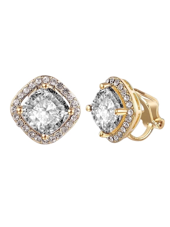 Crystal Clip on Earrings for Women Non Painful Fashion Gold Plated Square Rhinestone Clipon Earrings