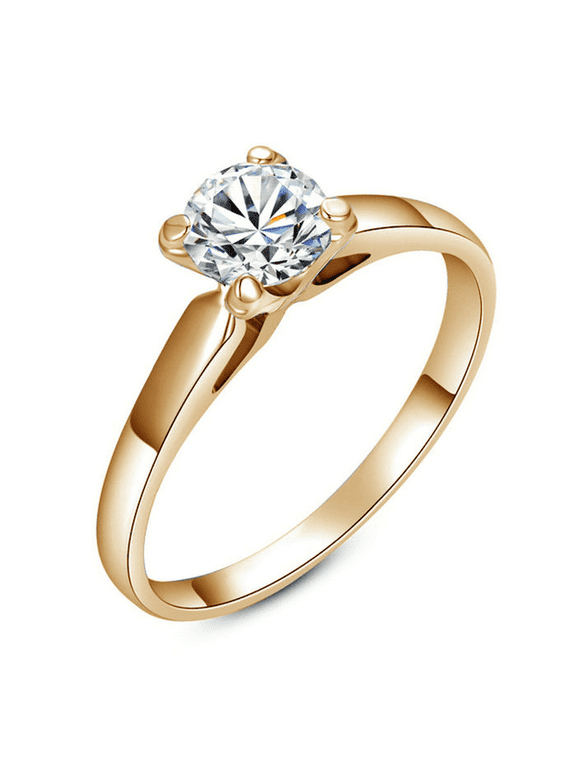 Cubic Zirconia Wedding Band Ring for Women Gold Plated Round Cut CZ Solitaire Rings (Size 9) Trendy Jewelry Gift for Birthday Anniversary