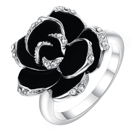 Silver Pickup Rings Yoursfs Dainty Black Rose Flower Rings for Women Cocktail Anniversary ...