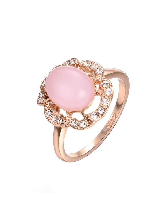 Dainty Created Pink Opal Rings for Women Mom Wife Rose Gold Plated 4-Prong Halo Oval Fire Opal Stone CZ Rings (Size 9.5)