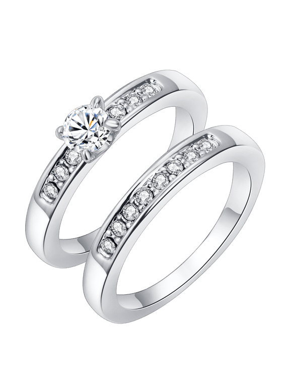 Double Rings Stacks for Women Silver Cubic Zirconia CZ Wedding Ring Sets Stackable Statement Engagement Promise Jewelry (Size 9)