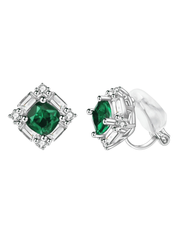 Elegant Simulated Emerald Green Clip on Earrings for Women Square Crystal Rhinestone Silver Clip Earrings Non Pierced Ear Jewelry Gift