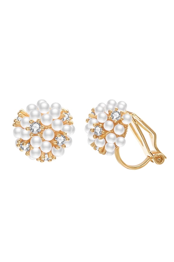 Faux Pearl Cluster Clip on Earrings for Women Non Pierced Ear Gold Plated Rhinestone and Pearl Earrings for Prom Wedding Jewelry