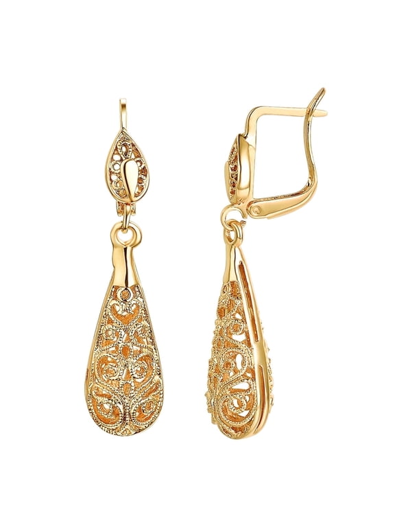 Filigree Teardrop Leverback Dangle Earrings for Women 18K Gold Plated Hypoallergenic Piercing Earrings for Wedding Prom Jewelry