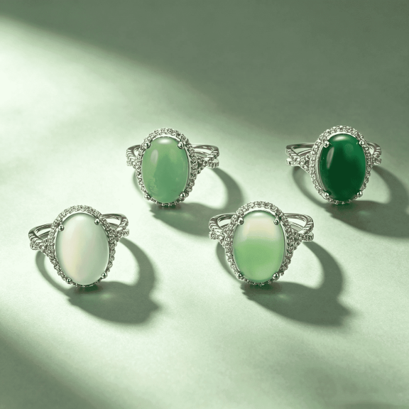 Yoursfs Green Birthstone Created Chrysoprase Rings for Women Wife Mom Oval Native Stone 4-Prong Halo Silver Plated CZ Infinity Rings (Size 8)