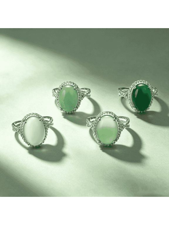 Green Birthstone Created Chrysoprase Rings for Women Wife Mom Oval Native Stone 4-Prong Halo Silver Plated CZ Infinity Rings (Size 9.5)