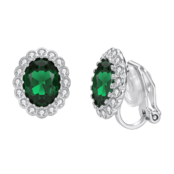 Yoursfs Green Clip on Earrings for Women White Gold Plated CZ Halo Austria Crystal Oval Emerald Earring for Wedding Jewelry