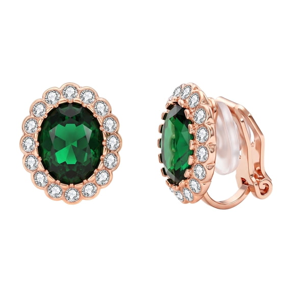 Yoursfs Green Emerald Clip on Earrings for Women Oval CZ Halo Clip Earring Austria Crystal Gold Plated Zircon Jewelry