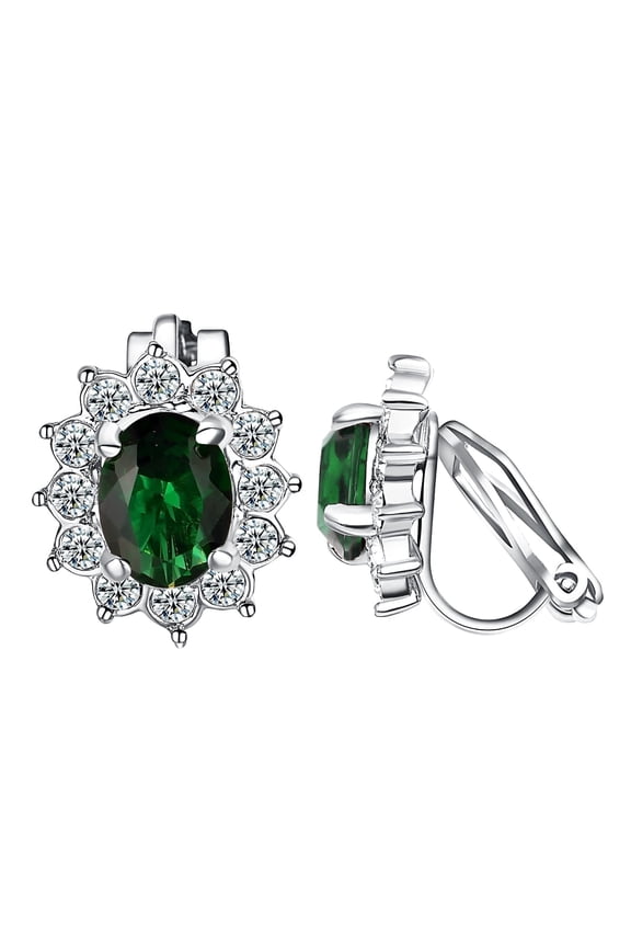 Emerald Clip on Earrings for Women Platinum Plated Vintage Green Austria Crystal Oval CZ Halo Earrings Non Pierced Ears Trendy Jewelry Gifts