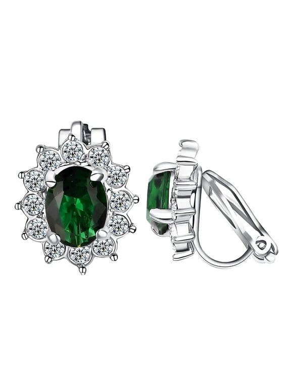 Emerald Clip on Earrings for Women Platinum Plated Vintage Green Austria Crystal Oval CZ Halo Earrings Non Pierced Ears Trendy Jewelry Gifts
