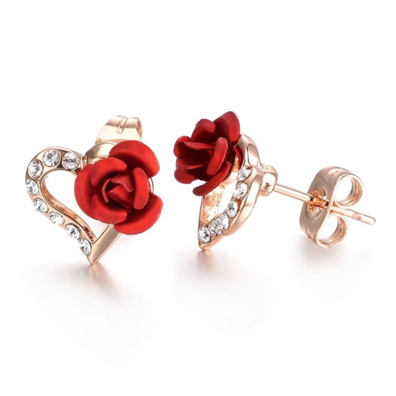 Yoursfs Heart Shaped Stud Earrings for Women Gold Plated Red Rose Flower Earrings Wedding Jewelry