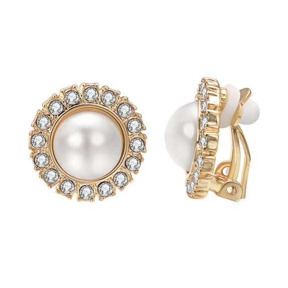 Yoursfs Imitation Pearl Clip On Earrings for Women Gold Plated Halo CZ no Pierced Clipon Earring