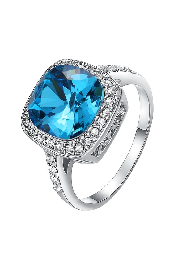 Large Birthstone Blue Rings for Women Platinum Plated Square CZ Halo Princess Cut Sapphire Artificial Rings for Anniversary Engagement Gift (Size 9)